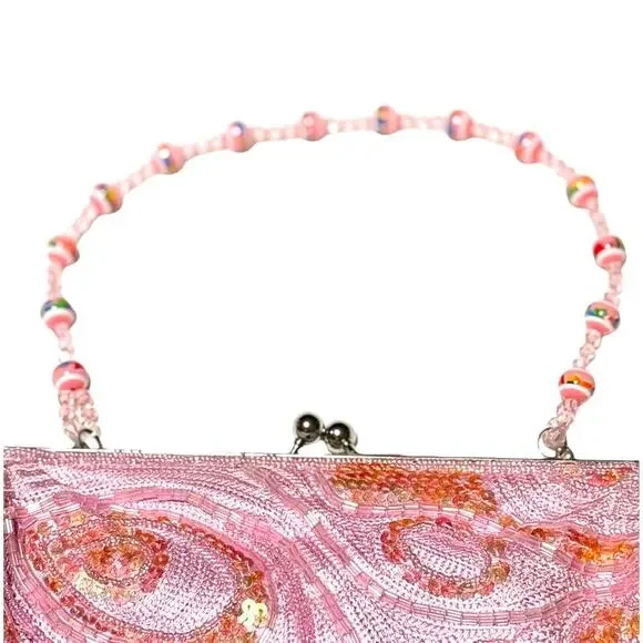 Small Light Pink Sequin Purse w/ Beaded Curved Strap - Multicolor Shimmer - Picture 3 of 7
